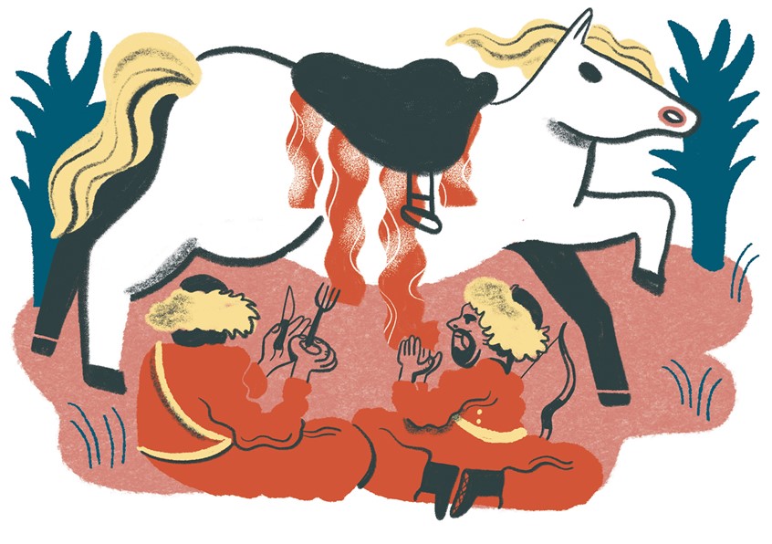 illustration of Editorial illustration made for BBQ4All Magazine about history of raw food and different cuisines around the world.
horse, historical, hun, meat, food history, spot illustration, people, ancient.