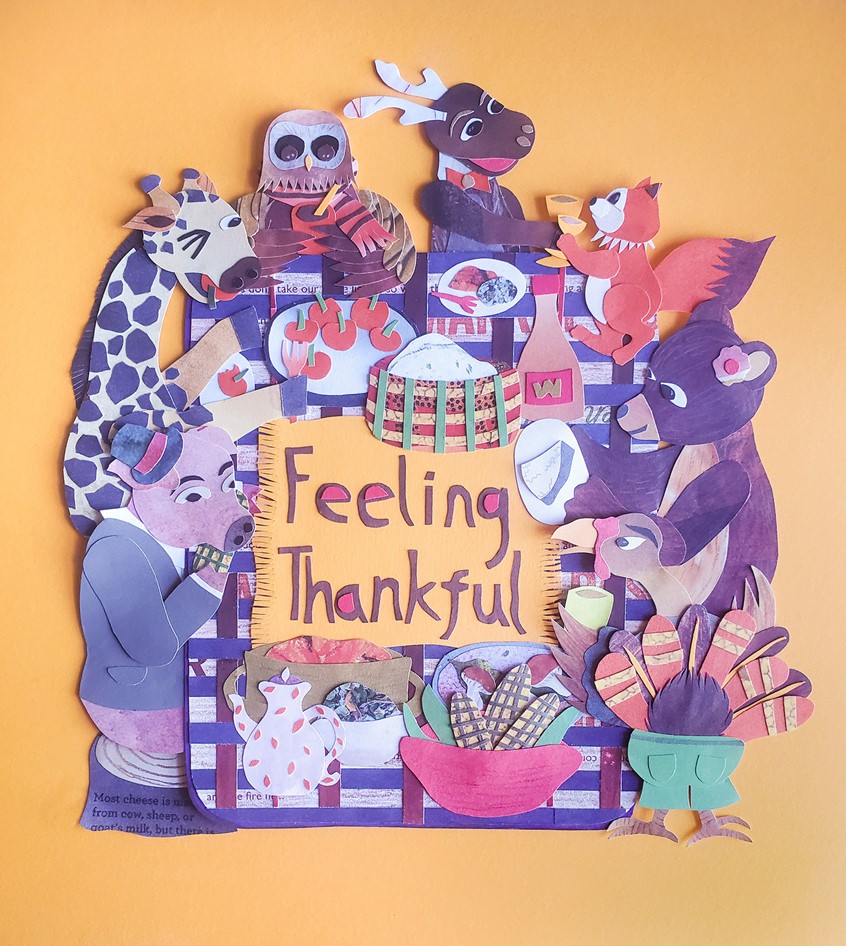 illustration of This paper collage illustration celebrates Thanksgiving as a holiday in America. Food art, banquet, autumn, fall, wildlife animals, fictional, children's book, kids book art, turkey.