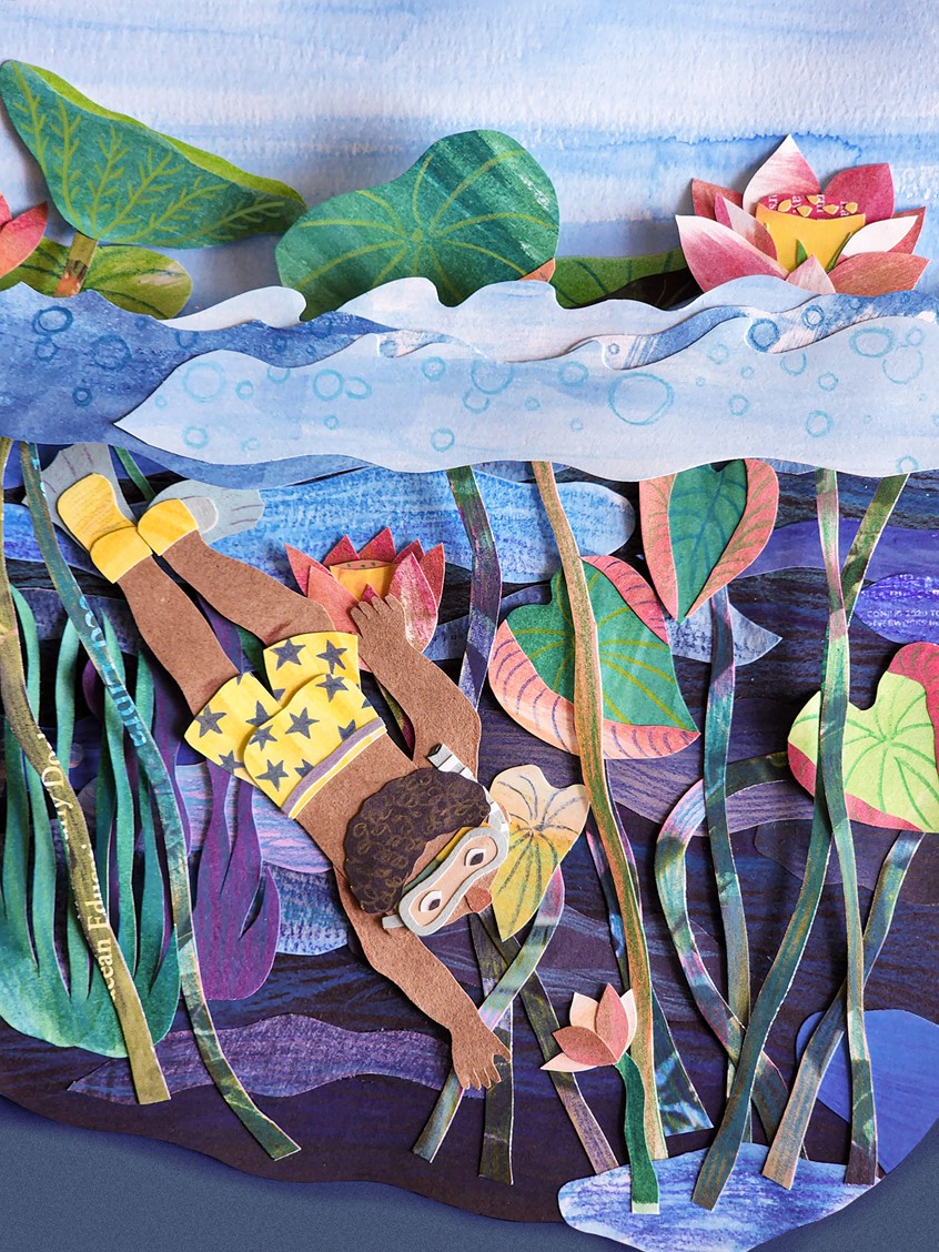 illustration of Children's Illustration, Book, Cover, Editorial, Ocean, Artivism, Kidlit, Picture Book, Sports, Whimsical, Adventure, Underwater, Scientific, Young Adult, Mixed Media, Paper, Collage, Blue, Green, Ecofriendly, Character Design