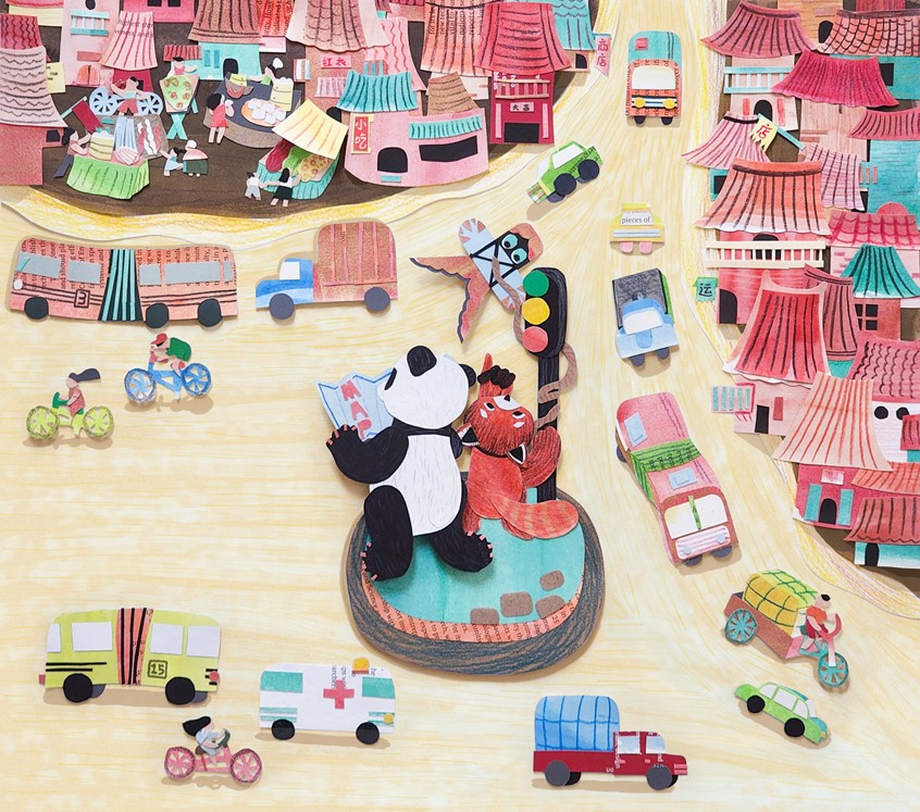 illustration of Children's book illustration, City view, Downtown, China, Asia and Asian, Storybook, Colorful, Kids, Book, Cover, Design, Cars, Cityscape, Editorial.