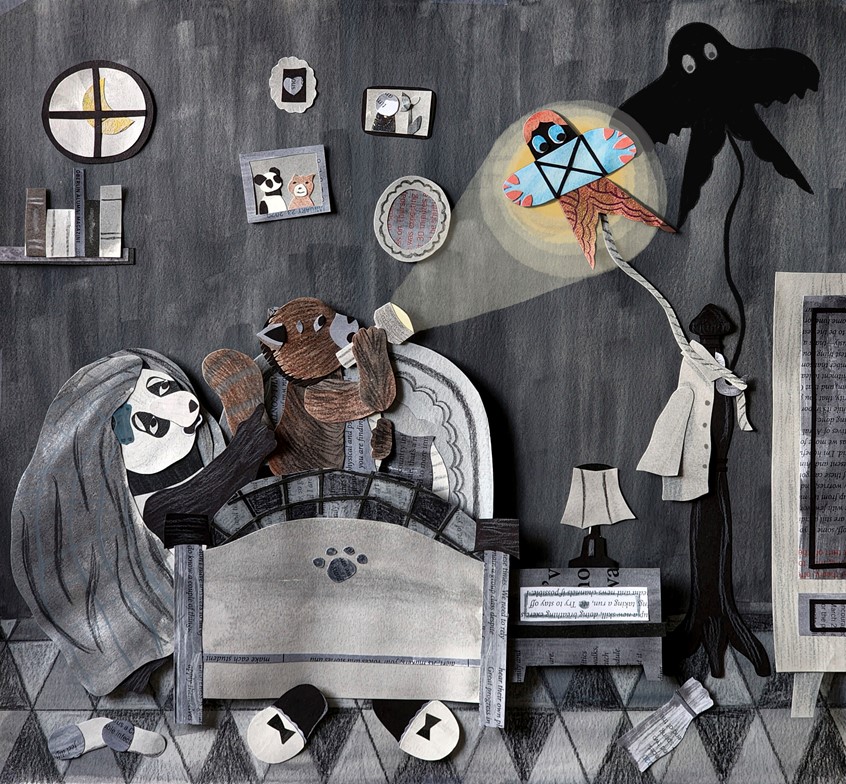 illustration of Mid Grade Children's Book Illustration, Scary, Halloween, Storytelling, Black and White, Monochrome, Mixed Media, Book, Cover, Editorial, Magazine, Picture book, Kid Lit, Paper Art, Paper Collage
