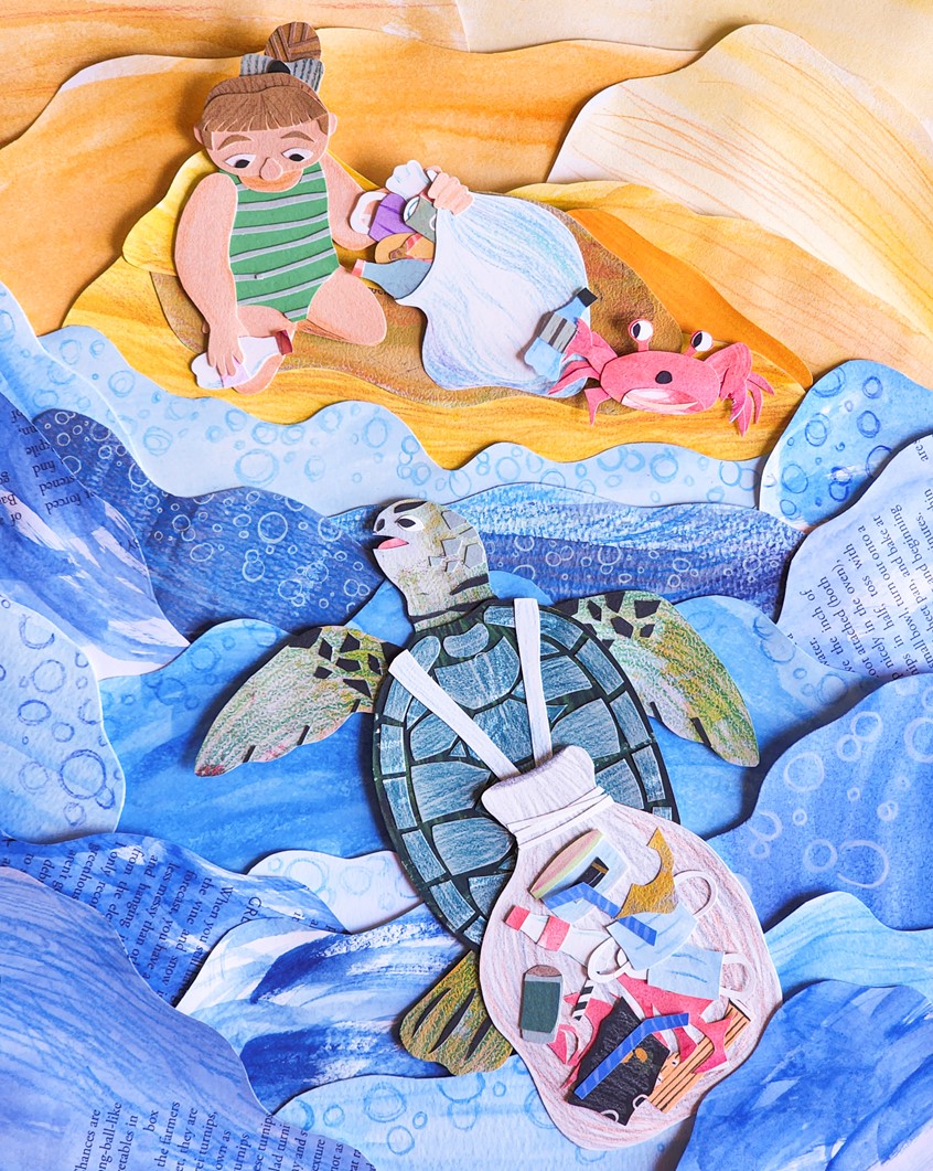 illustration of Children's Illustration, World Ocean Day, Conservation, Environment, Plastic Waste, Editorial, Paper, Paper collage, Paper Art, turtle, beach, beach cleaning, summer, water, waves, ocean
