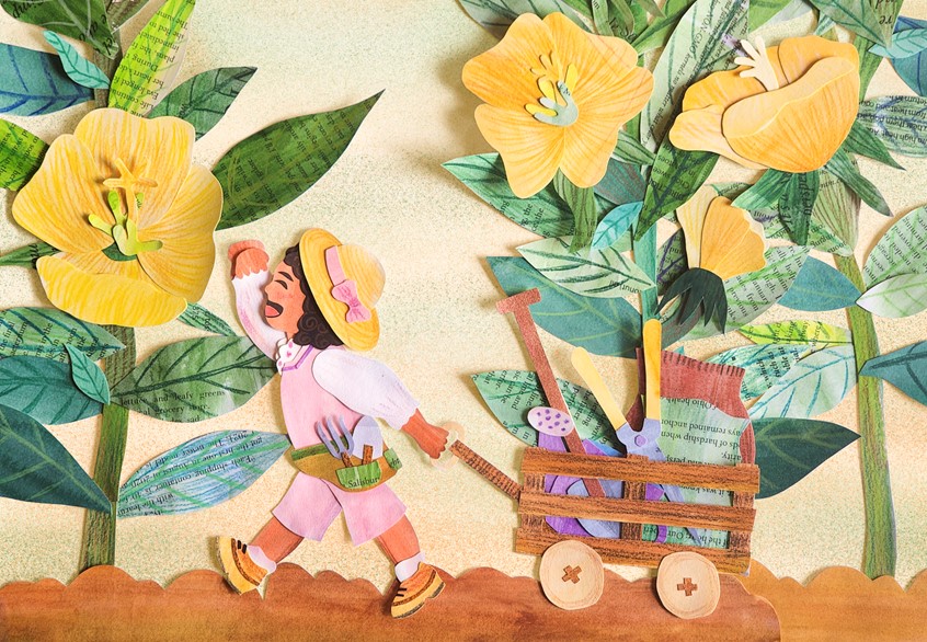 illustration of Children's book illustration, Kidlit, Youthful, Young adult, picture book, mid grade, little girl, people of color, storytelling, paper collage, mixed media, gardening, spring, season, outdoors, garden, storybook, colorful, pink, yellow