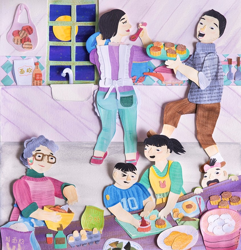 illustration of Celebrating Mid Autumn Festival, Asian Festival, Asian Culture, Food Art, Editorial Design, Book Cover, Children's Book Illustration, Picture Book, Non-fiction, Story Art, Cooking and Baking, Family Time, Tradition, Culture, Holiday