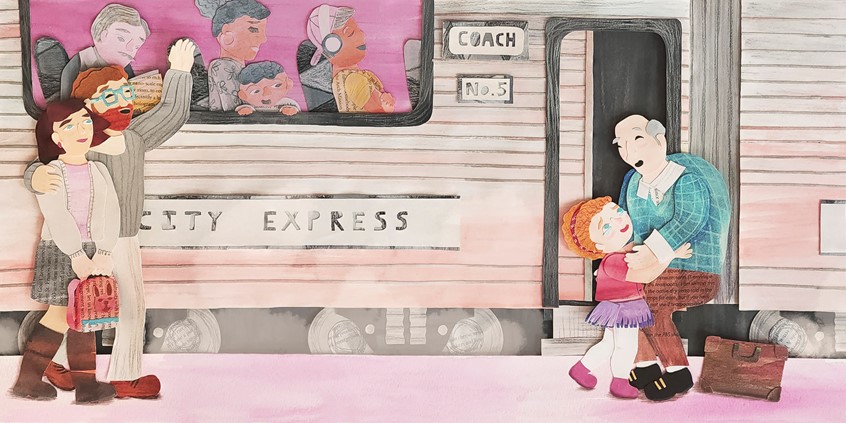illustration of Children's Book Spread Design, Editorial Illustration, Paper Collage, Mixed Media, Heartwarming, Touching, Storytelling, Family and Friends, Relationships, Heartfelt, Children's Illustration, Book, Book Spread, Picture Book, Fictional, Mid Grade, Chapter Book, Pink, Little Girl, Grandpa.