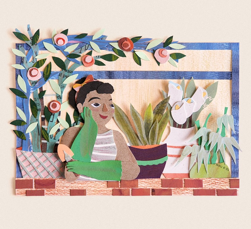 illustration of Editorial Illustration for Art Magazine, Mixed Media, Paper Cut, Paper Art, Gardening, Plants, Girly, Whimsical, Lifestyle, Flowers, Botanical, Illustration for articles, editorial, book, spread.