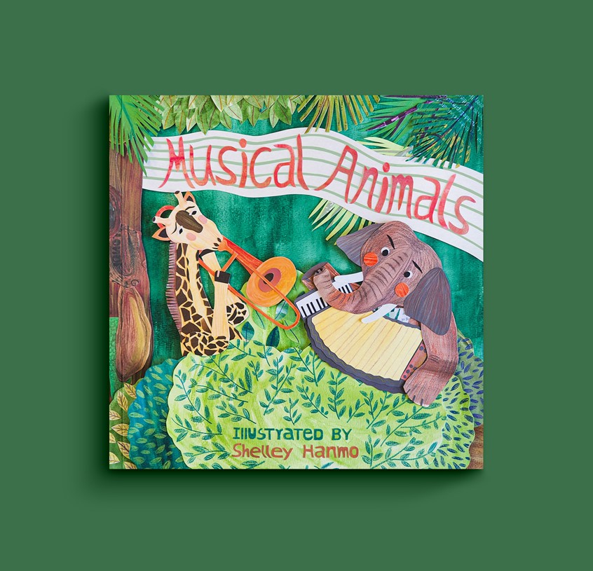 illustration of Mock Up Book Cover Design, Children's Illustrations, Music instruments, YA, Picture Book, Editorial, Book, Cover, Design, Paper, Collage, Colorful, Fun, Non-fiction, Kidlit, Forest, Educational, Animals.