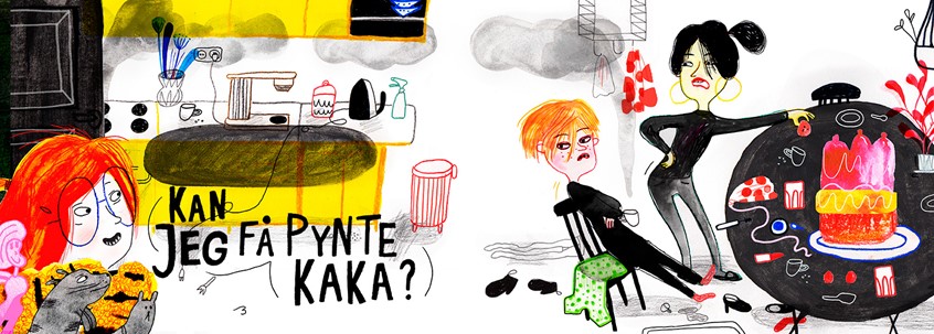 illustration of Childrens book illustration. There is going to be a party at Jane`s house tonight, and when her big sisters don´t allow her to help with the cake, she looks forward to playing with her little cousin instead. But when he arrives it turns out that he has become completely wild!