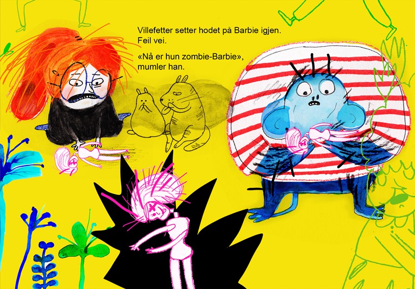 illustration of Childrens book illustration. There is going to be a party at Jane`s house tonight, and when her big sisters don´t allow her to help with the cake, she looks forward to playing with her little cousin instead. But when he arrives it turns out that he has become completely wild!