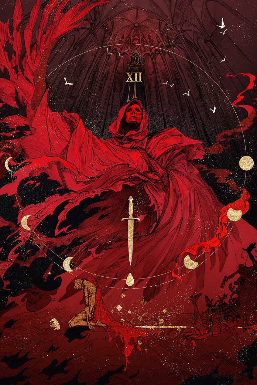 illustration of Longlisted for the Folio Book Illustration Award 2022. The topic required to illustrate a scene from the short story,
The Masque of the Red Death by Edgar Allan Poe.
I chose the last scene to describe. Since the story emphasizes black and red, I focused more on simple colors but heavy textures.
Red Death is the dignified and eye-catching figure in this image. The main topic is: Just like a clock striking twelve, death treats the world equally as well as time.