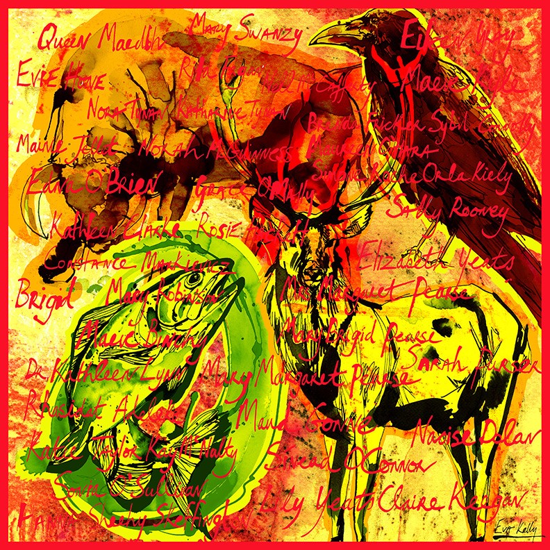 illustration of Bold Women illustrated scarf collection, combining ink, printmaking textures and digital collage. Celebrating Irish women trailblazers past and present.