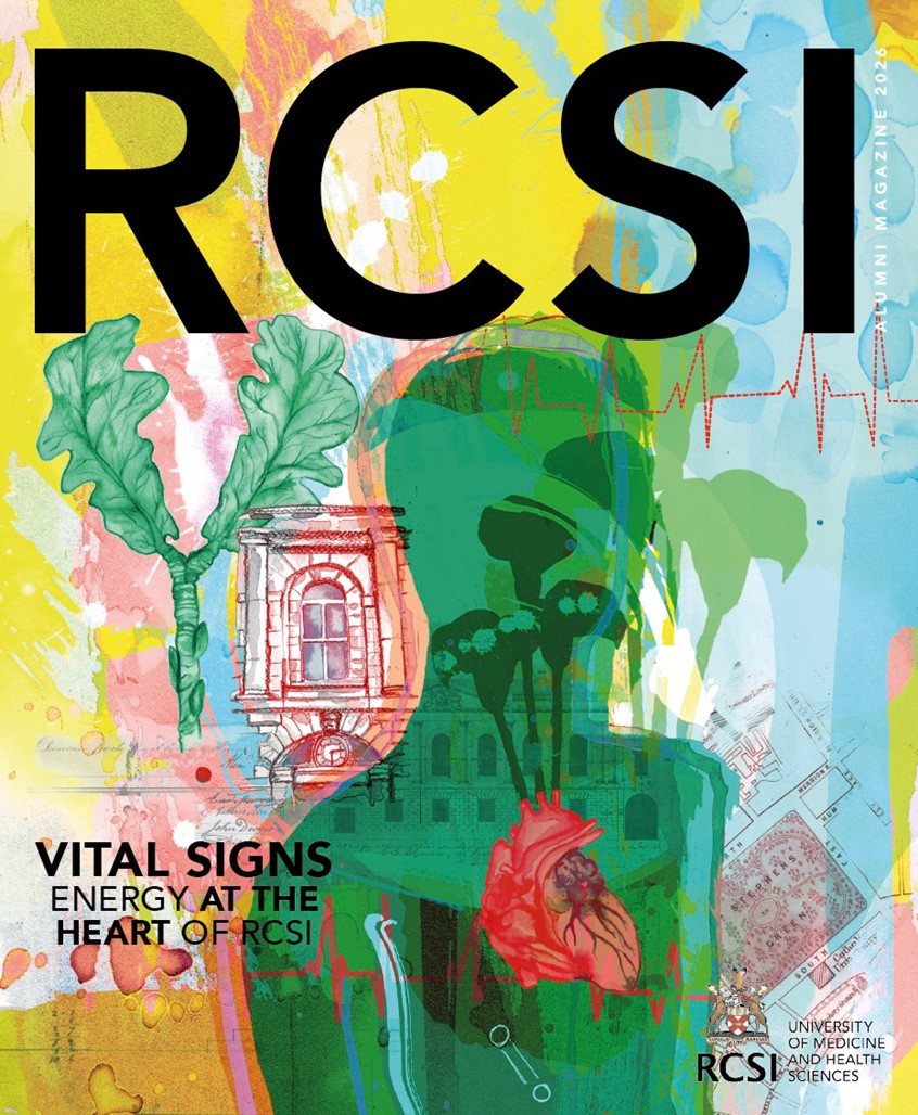 illustration of Commissioned cover illustration and animation for the Royal College of Surgeons in Ireland Alumni Magazine, created using hand-drawn ink, printmaking textures and digital collage.