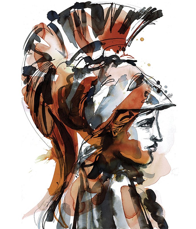 illustration of Contemporary illustration inspired by Greek mythology, exploring expressive ink drawing, layered brushwork and colour. Part of exhibition Taking a line for a walk in Athens.