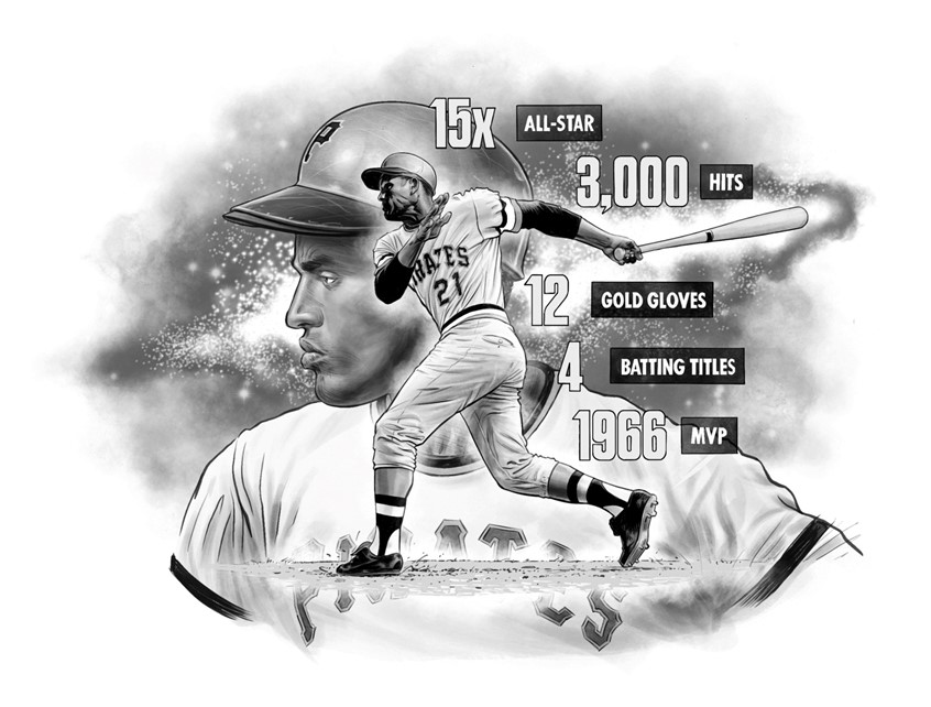 illustration of Illustration of baseball legend Roberto Clemente for the book “Hispanic Star: Roberto Clemente”, written by Claudia Romo Edelman & Sara Echenique, published by Roaring Brook Press New York, 2022