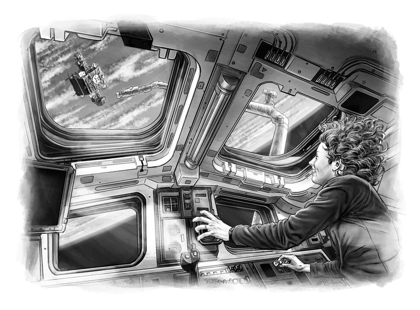 illustration of During the mission, STS-56, on board of the space shuttle Discovery, Mission Specialist (MS) Ellen Ochoa assisted with the flight's primary goal of studying Earth's ozone layer and used the Remote Manipulator System (RMS) robotic arm to engage and capture the Spartan satellite which studied the solar corona. 1993.
Illustration for the book “Hispanic Star: Ellen Ochoa”, written by Claudia Romo Edelman & Nathalie Alonso, published by Roaring Brook Press New York, September 2023.