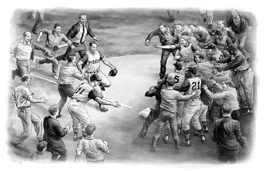 illustration of Pittsburgh Pirates wins 1960s World Series. Illustration for the book “Hispanic Star: Roberto Clemente”, written by Claudia Romo Edelman & Sara Echenique, published by Roaring Brook Press New York, 2022