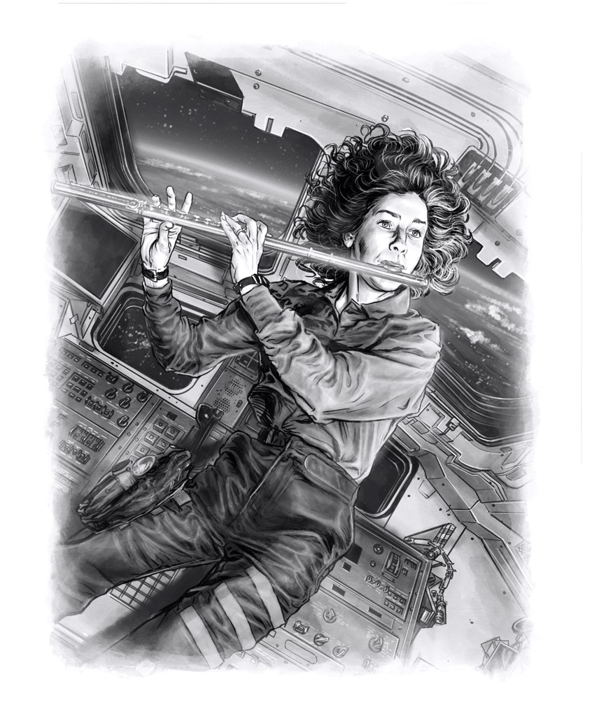 illustration of Ellen Ochoa playing Flute inside the Discovery Space Shuttle during the STS-56 mission in 1993. Illustration for the book “Hispanic Star: Ellen Ochoa”, written by Claudia Romo Edelman & Nathalie Alonso, published by Roaring Brook Press New York, September 2023.