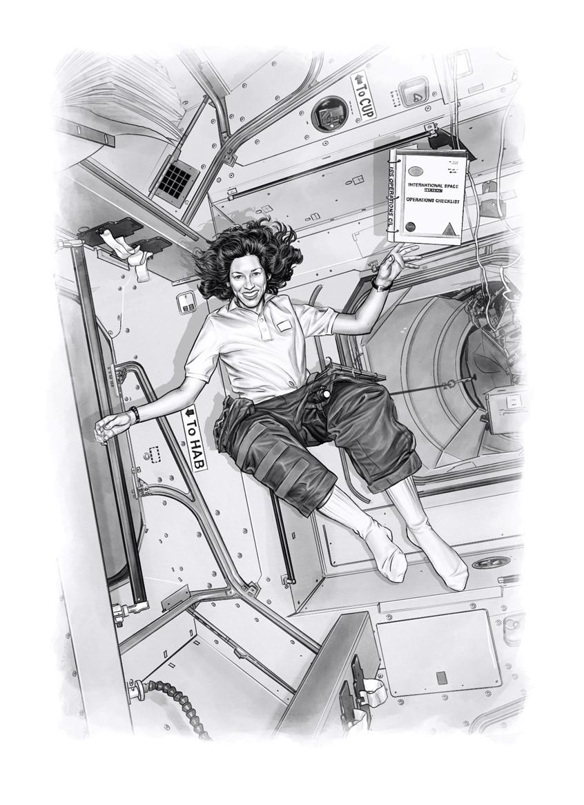 illustration of Astronaut Ellen Ochoa floating in the connection between the International Space Station with the Discovery Space Shuttle during the STS 96 Mission in 1999. Illustration for the book “Hispanic Star: Ellen Ochoa”, written by Claudia Romo Edelman & Nathalie Alonso, published by Roaring Brook Press New York, September 2023.