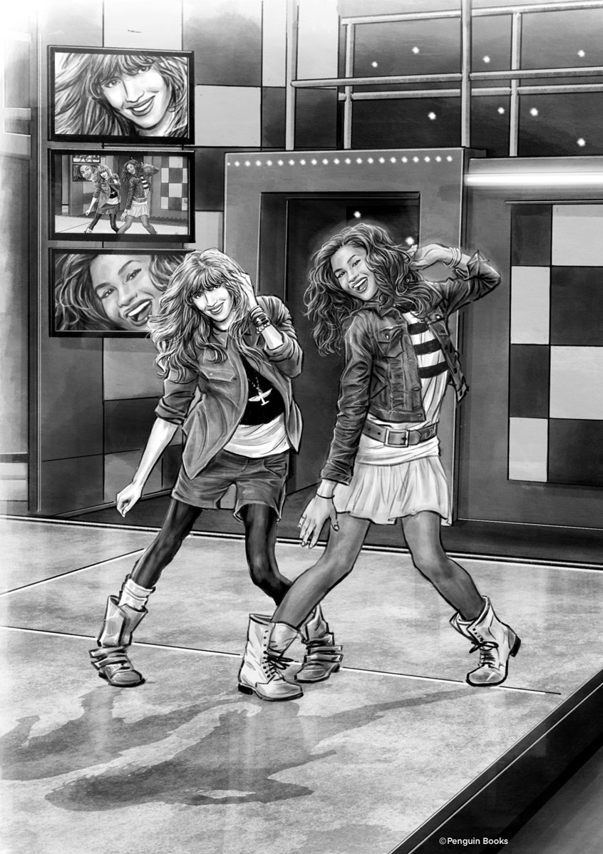 illustration of Zendaya and Bella Thorne dancing in the Disney channel show “Shake It Up”.
Created for the book “Who is Zendaya?” Written by Kirsten Anderson, published by Penguin Workshop, 2022