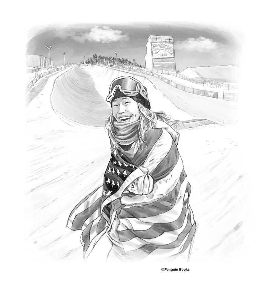 illustration of Chloe Kim celebrates her first Olympic medal In the Winter Olympics at PyeongChang, February 13, 2018. Created for the book “Who is Chloe Kim?” Written by Stefanie Loh, published by Penguin Workshop, 2022