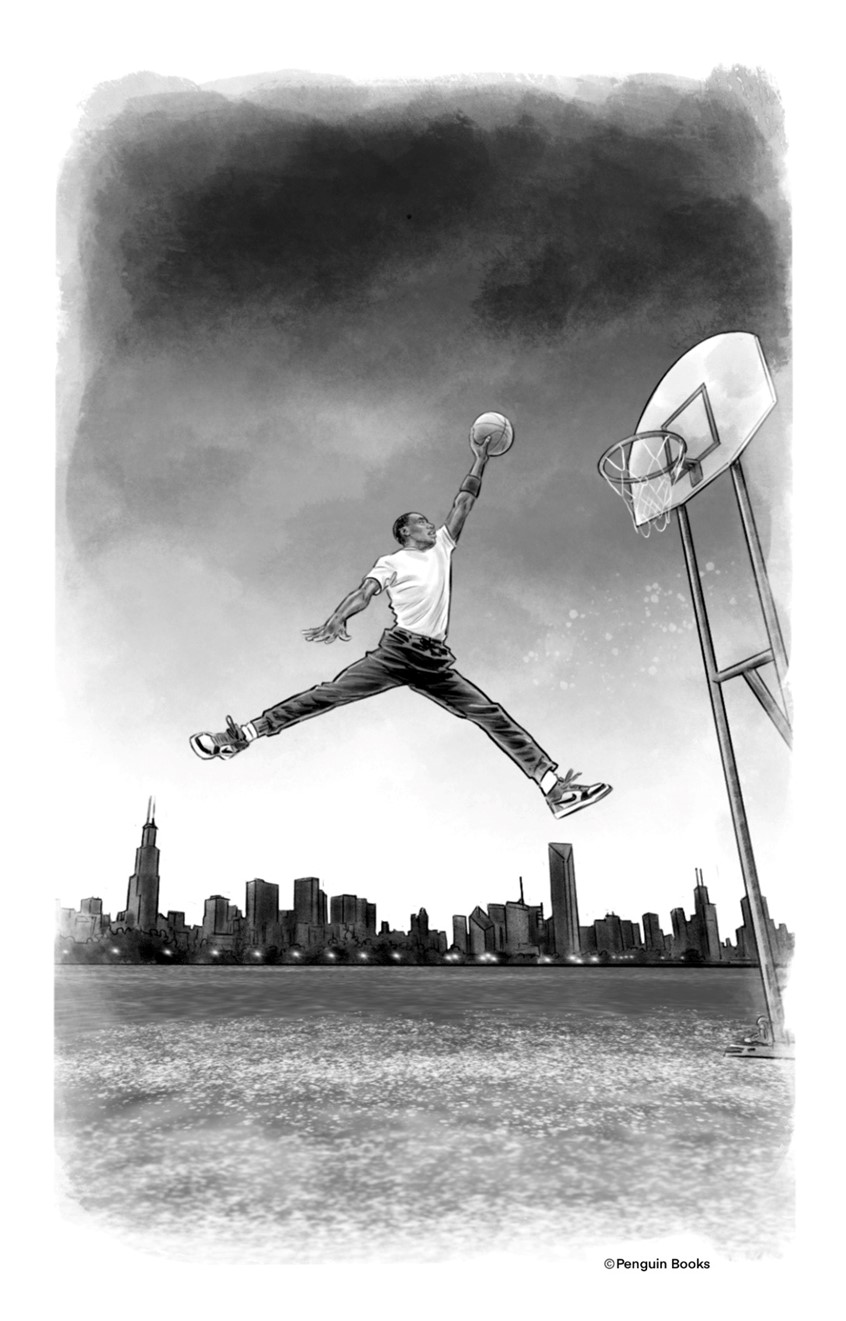 illustration of Michel Jordan dunk on a rooftop in Chicago.
Created for the book “Who is Shaquille O'Neal?”
Written by Ellen Labrecque, published by Penguin Workshop, 2022