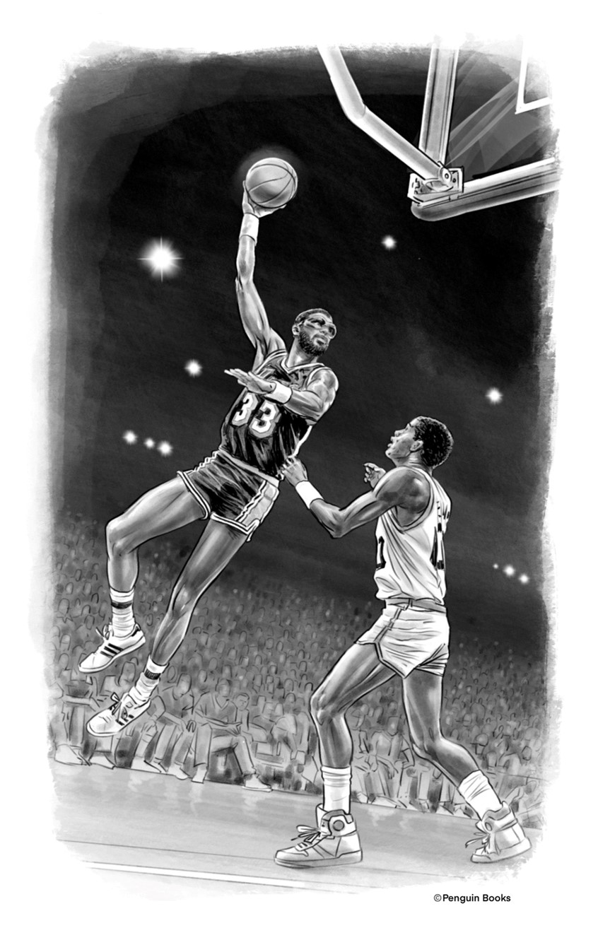 illustration of Kareem Abdul-Jabbar playing for Los Ángeles Lakers. Created for the book “Who is Shaquille O'Neal?”
Written by Ellen Labrecque, published by Penguin Workshop, 2022