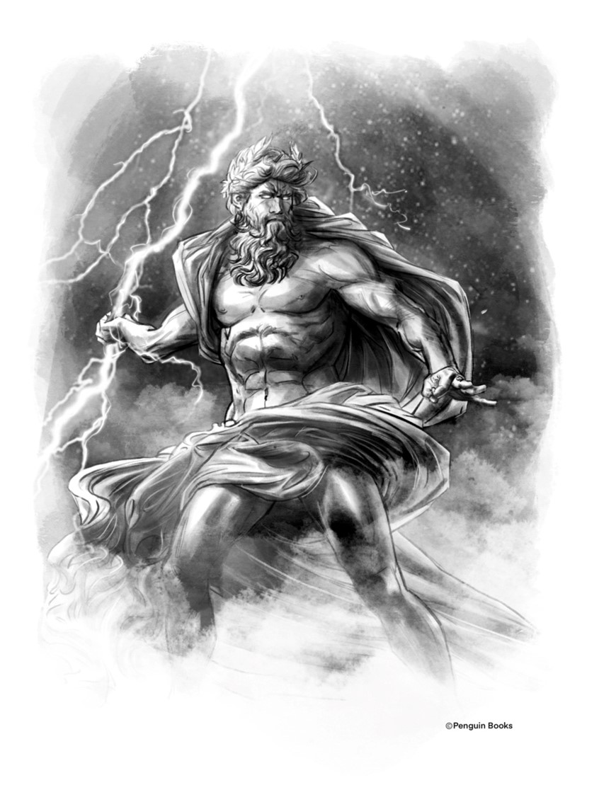 illustration of Imagined portrait of Greek god Zeus about to throw a lightning over Atlantis, created for the book “What do we know about Atlantis?” written by Emma Carlson Berne, published by Penguin Workshop, 2022.