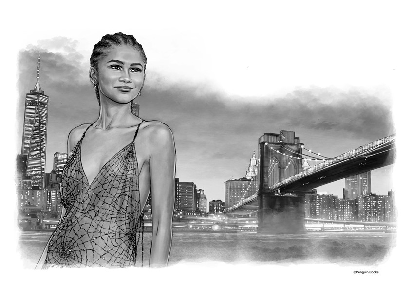 illustration of Portrait of Zendaya in New York while premiering the movie Spider-Man: Homecoming in 2017.
Created for the book “Who is Zendaya?” Written by Kirsten Anderson, published by Penguin Workshop, 2022