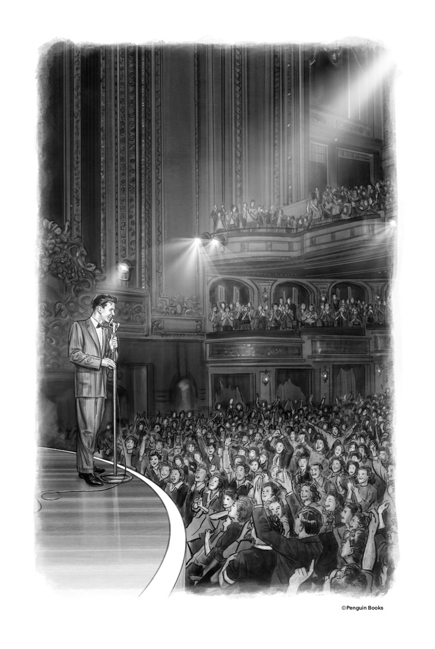 illustration of Sinatra’s first solo performance at the Paramount Theater in NYC, December 1942.
Created for the book “Who was Frank Sinatra?”
Written by Ellen Labrecque, published by Penguin Workshop, 2023
