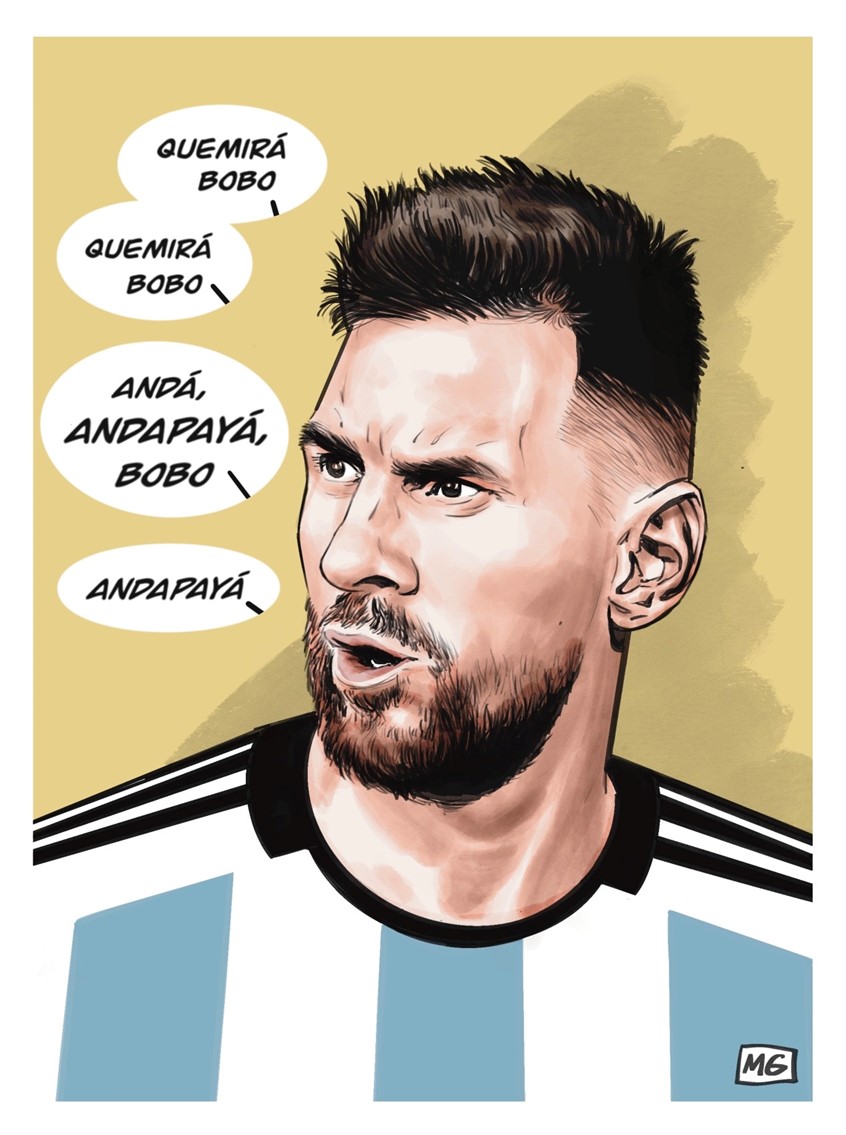 illustration of Portrait of football player and FIFA World Champion 2022 Lionel Messi and his famous reaction after the Argentina vs Netherlands match in the Qatar World Cup on December 9, 2022
