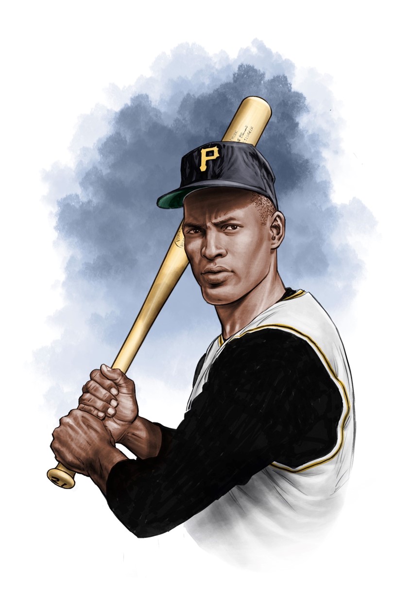 illustration of Portrait of baseball legend Roberto Clemente for the book “Hispanic Star: Roberto Clemente”, written by Claudia Romo Edelman & Sara Echenique, published by Roaring Brook Press New York, 2022