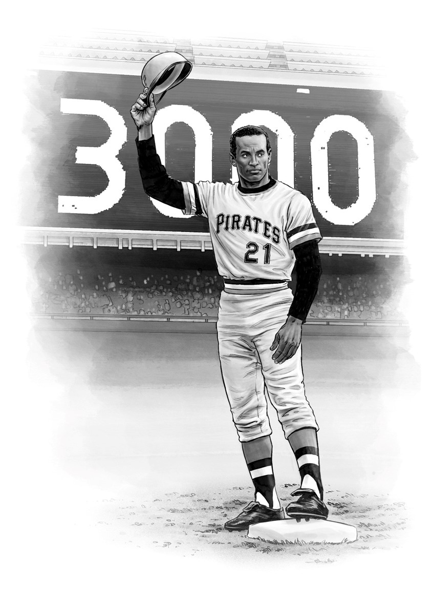 illustration of Portrait of baseball legend Roberto Clemente celebrating his 3000 hit, for the book “Hispanic Star: Roberto Clemente”, written by Claudia Romo Edelman & Sara Echenique, published by Roaring Brook Press New York, 2022