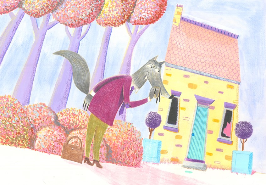 illustration of A traditionally drawn double-spread picture book illustration of a scene from The Three Little Pigs.
The Wolf character is hand-drawn in layers of coloured pencils.
The background elements are painted with gouache, Neo-colour II and watercolour.
Gouache, traditional illustration, the three little pigs, fairytale, wolf, picture book, illustration, pig, whimsical, painterly, animals, hand-drawn