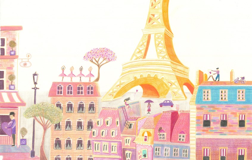 illustration of A detailed coloured-pencil children’s illustration of a fantastical Paris skyline.
Hand drawn in entirely coloured pencils.
Children’s illustration, Paris, skyline, cities, architecture, buildings, coloured pencil, hand drawn,
