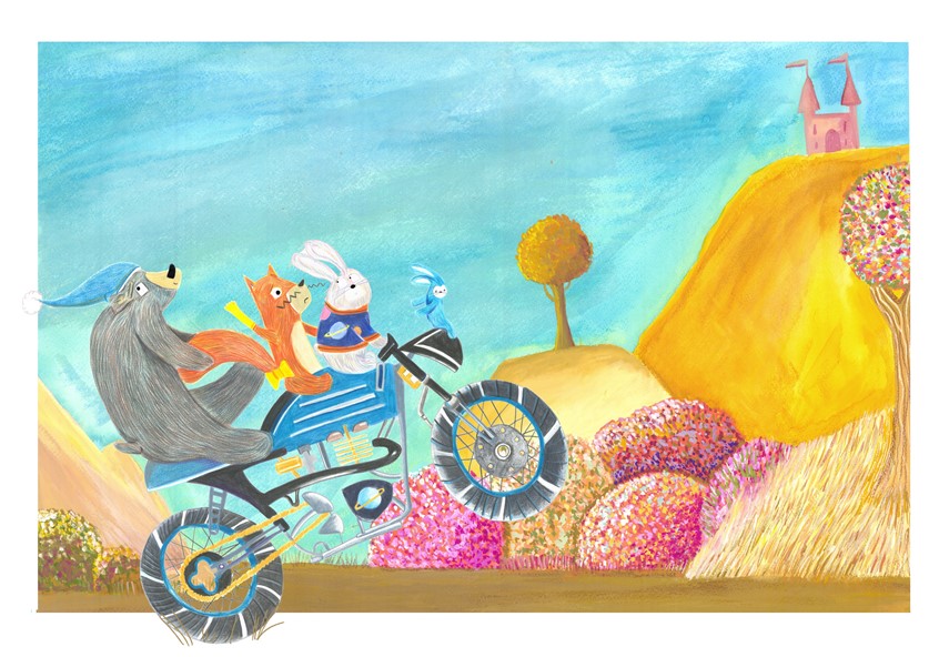 illustration of Animals like to have fun too! A double-spread picture book illustration with Bear, Rabbit, Squirrel and Teddy off on an adventure.
The animals and bike are created in layers of coloured pencil and the background is painted in gouache and Neo-colour II.
Animals, bike, adventure, fairytale, bear, illustration, traditional, picture book, children’s illustration, painterly, mixed-media,