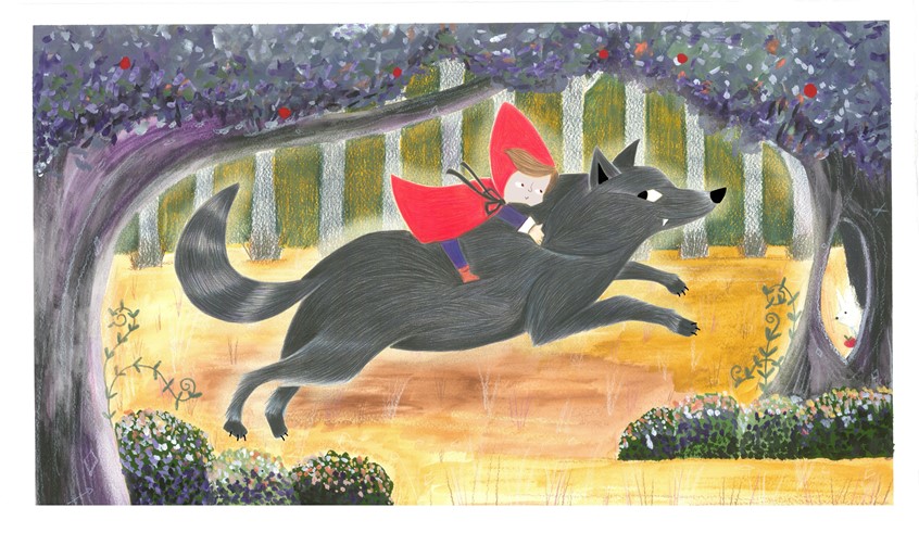 illustration of A picture book illustration of Little Red Riding Hood and Wolf, leaping through a magical forest.
The main characters are drawn by layering many layers of coloured pencil to achieve the smooth and deep colours and texture of the fur.
The background is painted in gouache and Neo-colours II
Fairytale, adaptation, whimsical, little red riding hood, children’s illustration, gouache, watercolour, traditional, painterly, animal, wolf, girl