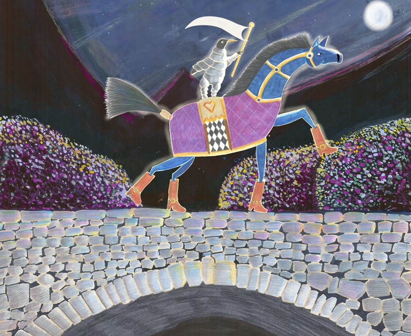 illustration of A children’s picture book illustration of a penguin in a Knight’s suit, gallantly riding his horse to rescue the love of his life.
Main characters drawn in coloured pencil.
Background elements painted in gouache and watercolour.
Animals, fairytale, children’s illustration, picture book, penguin, whimsical, gouache, traditional, hand drawn, coloured pencil