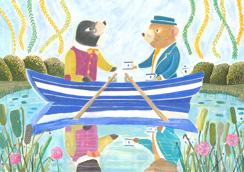illustration of My own take on a scene from Wind In The Willows - an illustration painted in mixed-media of Mole and Ratty.
The main characters were drawn in coloured pencil and the background and lake were painted in gouache and watercolour.
Wind in the willows, adaptation, animals, fairytale, illustration, children’s illustration, classic, gouache, painterly, hand-drawn, children’s illustration, ratty, mole