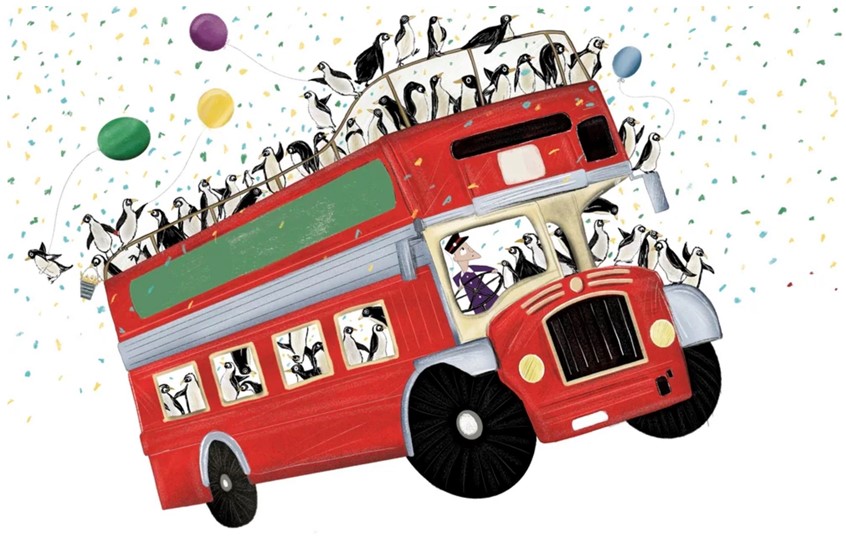 illustration of A fun children’s illustration of a red double-decker bus full of penguins having a party!
Drawn in coloured pencil.
Penguins, animal, cute, party, children’s illustration, coloured pencil, fun, illustration, detailed,
