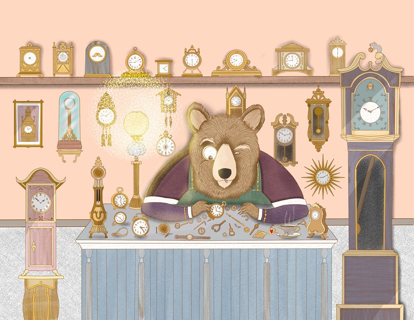 illustration of A children’s picture book illustration showing a clockmaker bear tinkering with a pocket watch.
Hand drawn in ink and coloured digitally.
Bear, clock, time, illustration, whimsical, magical, children’s illustration
