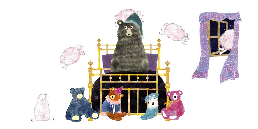 illustration of A picture book illustration of a tired bear who just can’t drift off to sleep.
Illustrated in gouache and coloured pencil
Children’s illustration, picture book illustration, bedtime, sleep, bear, animals, cute