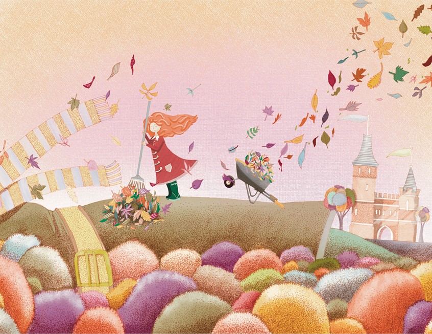 illustration of A illustration drawn in ink and coloured digitally- showing a young girl going about her daily job, sweeping up the leaves against a whimsical backdrop featuring a castle - and a giant.
Whimsical, ethereal, illustration, picture book, pointillism, ink drawing