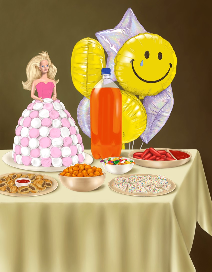 illustration of Still life of a table laden with traditional New Zealand and Australian birthday party food such as a vintage doll cake, sausage rolls, fairy bread, cheese balls, party mix, and cheerios with tomato sauce.
Digital Illustration, Still Life, Balloons, Birthday Party, Vintage, Retro, 1980s