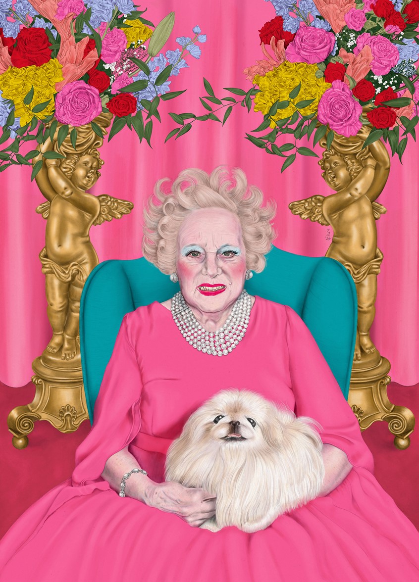 illustration of Prolific romance novelist and lover of pink, Dame Barbara Cartland and her beloved Pekinese dog sitting in a luxurious room.
Digital Illustration, Celebrity Portrait, Pet Portrait, Gold, Statues, Jewelry, Kitsch, Camp, Flowers