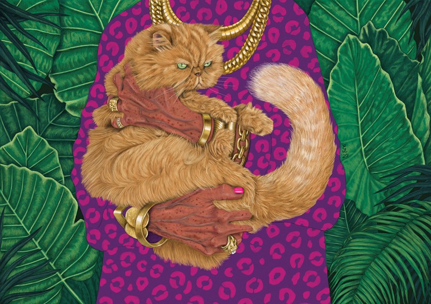 illustration of A glamorous elderly woman wearing gold jewelry and leopard print holds her fluffy grumpy ginger cat. She stands in front of a botanical background.
Digital Illustration, Portrait Illustration, Pet Portrait, Fashion, Botanical, Vivid Color, Print, Decorative