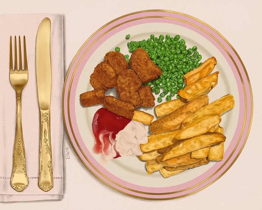 illustration of A plate of nuggets, peas, chips/fries with ketchup and mayonnaise on a fine gold rimmed plate with gold plated knife and fork on a linen napkin.
Digital Illustration, Food Illustration, Fine Dining, Editorial, Still Life