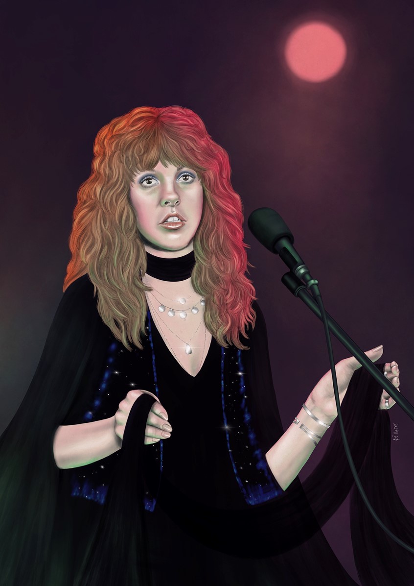 illustration of A portrait of Stevie Nicks performing onstage with a spotlight shining on her.
Digital Illustration, Portrait Illustration, Music, Jewelry, Retro, Fashion, Gel Lighting