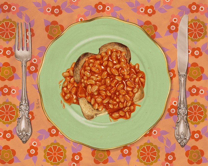 illustration of A plate of baked beans on toast served on a vintage gold rimmed plate with fine silver cutlery, with a 1970s retro floral pattern tablecloth.
Digital Illustration, Pencil Illustration, Food, Retro, Vintage, 1970s, Floral Pattern