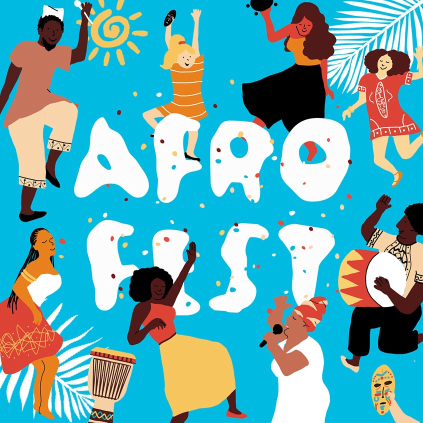 illustration of Characters having fun and dancing to music at African festival Afrofest, branding, character illustration, African, music, culture, children, family, event, dancing, drums, singing, cooking, singing, playing, visual identity, festival design, typography, celebration, vibrant, collage, bright, colorful, design