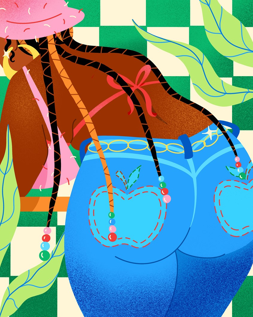 illustration of Stylish fashionable black girl in braids wearing Apple bottom jeans, hip hop, rap, fashion, retro, Y2K, 2000s, 90s, black hair, tropical, plants, character, sexy, urban, texture, bright color, vibrant, playful, funky